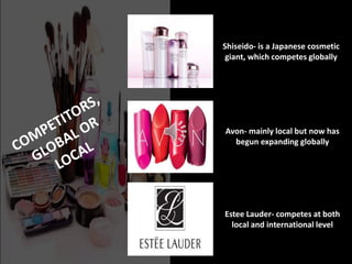 Shiseido- is a Japanese cosmetic
giant, which competes globally
Avon- mainly local but now has
begun expanding globally
Estee Lauder- competes at both
local and international level
 