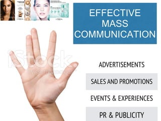 EFFECTIVE
MASS
COMMUNICATION
ADVERTISEMENTS
SALES AND PROMOTIONS
EVENTS & EXPERIENCES
PR & PUBLICITY
 