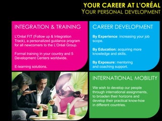 YOUR CAREER AT L’ORÉAL
                                          YOUR PERSONAL DEVELOPMENT

INTEGRATION & TRAINING                       CAREER DEVELOPMENT
L’Oréal FIT (Follow up & Integration         By Experience: increasing your job
Track), a personalized guidance program      scope.
for all newcomers to the L’Oréal Group.
                                             By Education: acquiring more
Formal training in your country and 5        knowledge and skills.
Development Centers worldwide.
                                             By Exposure: mentoring
E-learning solutions.                        and coaching support.


                                             INTERNATIONAL MOBILITY
                                             We wish to develop our people
                                             through international assignments,
                                             to broaden their horizons and
                                             develop their practical know-how
                                             in different countries.
 