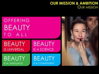 OUR MISSION & AMBITION
                                         OUR MISSION


OFFERING
BEAUTY
T O     A L L

BEAUTY          BEAUTY
IS UNIVERSAL    IS A SCIENCE


BEAUTY          BEAUTY
IS A LANGUAGE   IS A COMMITMENT
 