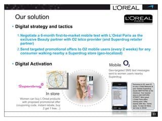 Our solution Digital strategy and tactics Negotiate a 6-month first-to-market mobile test with L’Oréal Paris as the exclusive Beauty partner with O2 telco provider (and Superdrug retailer partner) Send targeted promotional offers to O2 mobile users (every 2 weeks) for any consumer walking nearby a Superdrug store (geo-localized) Digital Activation Geo-targeted SMS text messages sent to women users nearby Superdrug Mobile Women can buy L’Oréal products with proposed promotional offer (couponing code, instant rebate, buy 2 get 1 free…) In store 