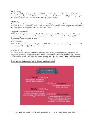 4 All contents© 2015 EffectusSolutionsPvtLtd(CrossProf.com). All rightsreserved.
Magic Holdings:
The Company Magic Holdings, whose brand MG is one of the Chinese leaders in cosmetic facial masks
was also acquired by Loreal in 2013. As part of the Consumer Products division, Magic Holdings helped
the group to conquer new consumers in the strategic Chinese market.
Interbeauty:
The acquisition of Interbeauty, a major player in the Kenyan beauty market, is a step to extend the
accessibility of the Consumer Products division. Based in Nairobi, its production platform underpinned
the development of the group’s activities in eastern Africa.
Cheryl’s Cosmeceuticals:
L’Oréal’s first acquisition in India, Cheryl’s Cosmeceuticals is a trailblazer in professional skincare and
beauty salon treatment nationwide. Its skincare services and products extended the offering of the
Professional Products division in India.
NYC Cosmetics:
L’Oréal’s latest acquisition of Los Angeles based NYX Cosmetics, provides the beauty powerhouse with
a mass brand with an edgy makeup artist appeal.
Business Model
L’Oréalis present across all distribution networks: mass market, department stores,pharmacies and
drugstores, travel retail and branded retail.L’Oréal’s new sustainability commitment for 2020 “Sharing
beauty with all” sets out ambitious sustainable development objectives across the Group’s value chain.
There are four key aspects of their beauty business model
 