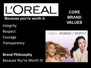 Integrity
Respect
Courage
Transparency
Brand Philosophy
Because You’re Worth It!
CORE
BRAND
VALUES
Because you’re worth it.
 