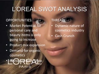 L’OREAL SWOT ANALYSIS
OPPORTUNITIES:
• Market Potential for
personal care and
beauty items is only
going to increase
• Product mix expansion
• Demand for organic
cosmetics
• Revival of Body Shop
THREATS:
• Dynamic nature of
cosmetics industry
• Cash Crunch
 