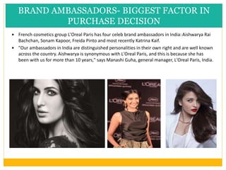  French cosmetics group L'Oreal Paris has four celeb brand ambassadors in India:Aishwarya Rai
Bachchan, Sonam Kapoor, Freida Pinto and most recently Katrina Kaif.
 "Our ambassadors in India are distinguished personalities in their own right and are well known
across the country. Aishwarya is synonymous with L'Oreal Paris, and this is because she has
been with us for more than 10 years," says Manashi Guha, general manager, L'Oreal Paris, India.
BRAND AMBASSADORS- BIGGEST FACTOR IN
PURCHASE DECISION
 