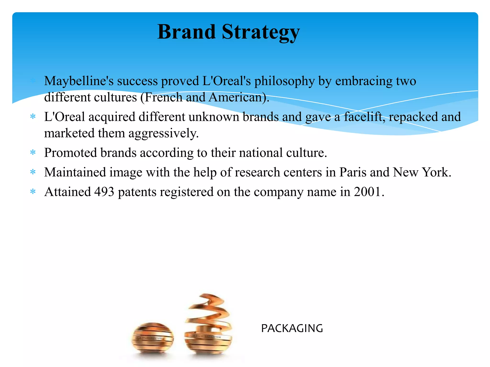 Maybelline's success proved L'Oreal's philosophy by embracing two
different cultures (French and American).
L'Oreal acquired different unknown brands and gave a facelift, repacked and
marketed them aggressively.
Promoted brands according to their national culture.
Maintained image with the help of research centers in Paris and New York.
Attained 493 patents registered on the company name in 2001.
Brand Strategy
PACKAGING
 