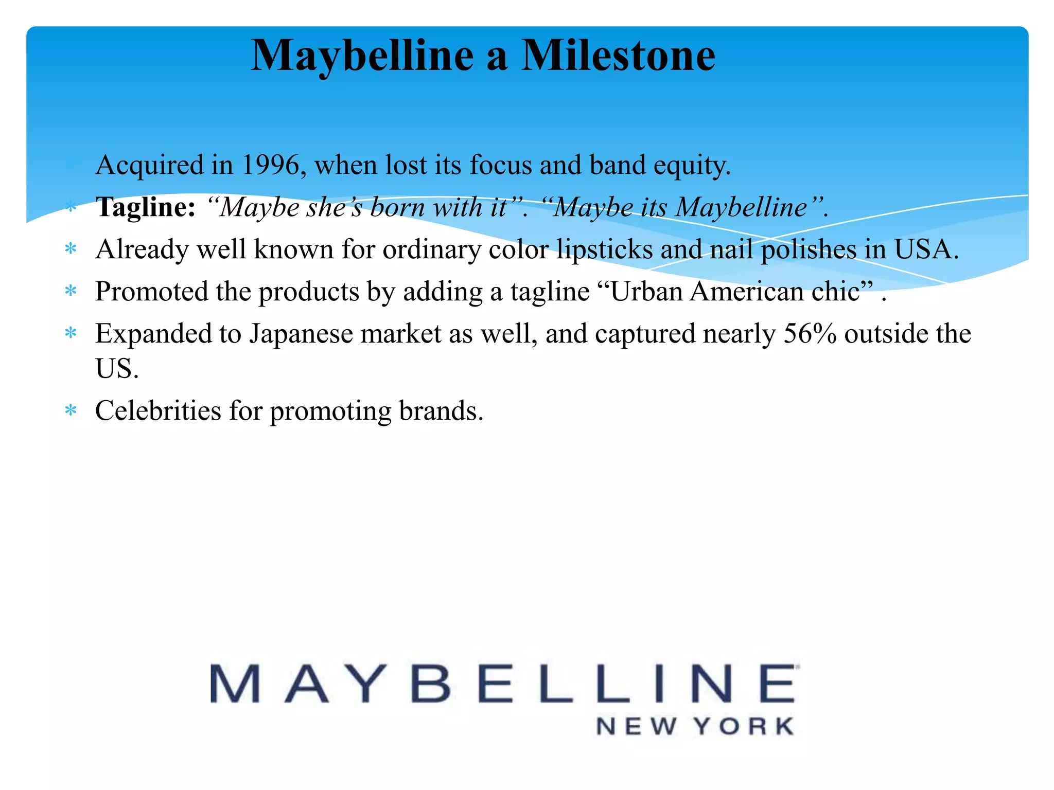 Acquired in 1996, when lost its focus and band equity.
Tagline: “Maybe she’s born with it”. “Maybe its Maybelline”.
Already well known for ordinary color lipsticks and nail polishes in USA.
Promoted the products by adding a tagline “Urban American chic” .
Expanded to Japanese market as well, and captured nearly 56% outside the
US.
Celebrities for promoting brands.
Maybelline a Milestone
 