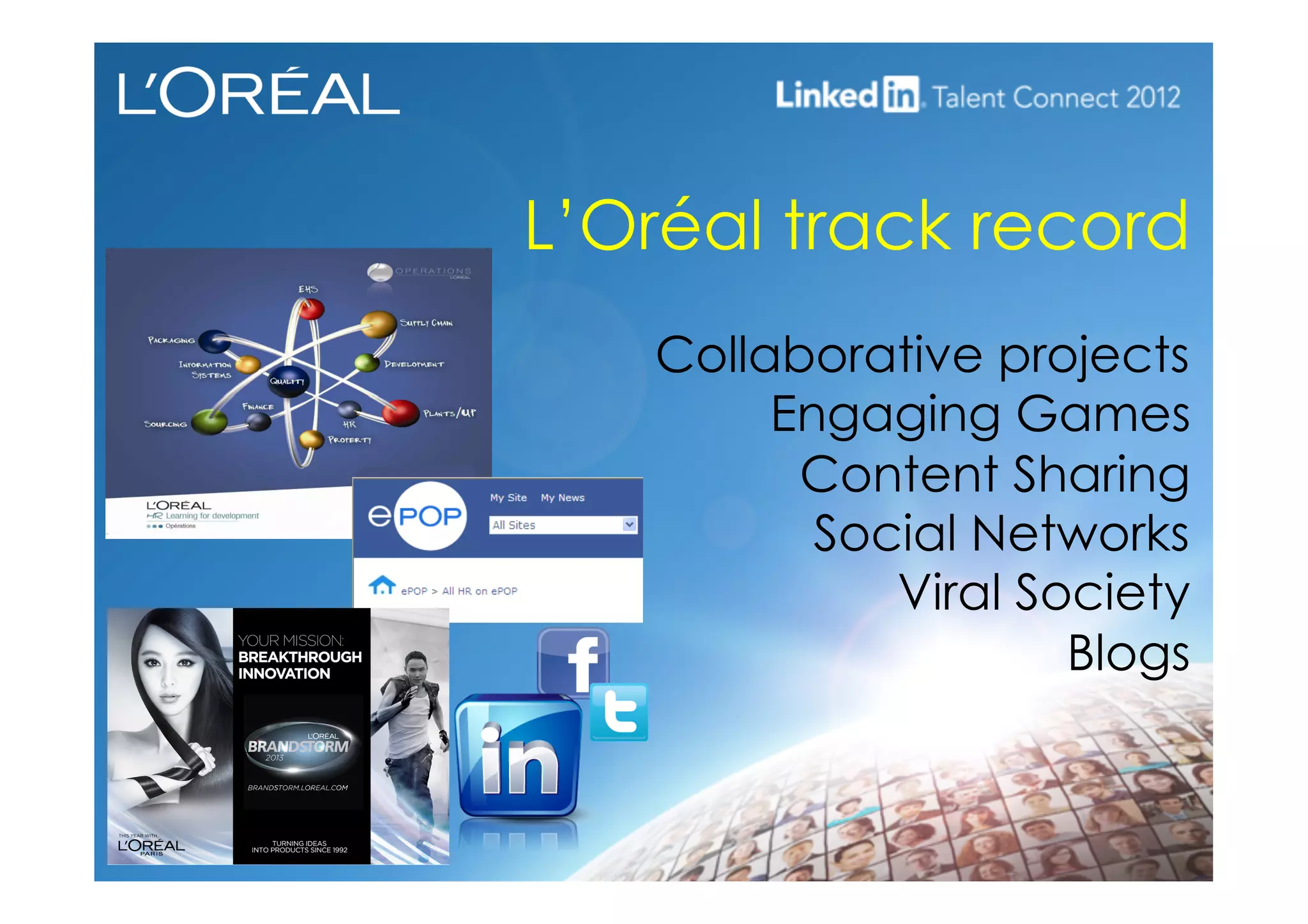L’Oréal track record
Collaborative projects
Engaging Games
Content Sharing
Social Networks
Viral Society
Blogs
 