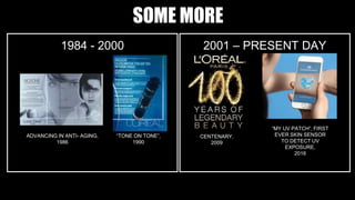 1984 - 2000 2001 – PRESENT DAY
ADVANCING IN ANTI- AGING,
1986
“TONE ON TONE”,
1990
CENTENARY,
2009
“MY UV PATCH”, FIRST
EVER SKIN SENSOR
TO DETECT UV
EXPOSURE,
2016
SOME MORE
 