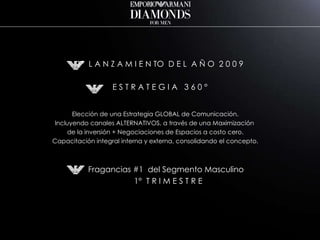 1°  L A N Z A M I E N TO  D E L  A Ñ O  2 0 0 9 E S T R A T E G I A  3 6 0 ° Fragancias #1  del Segmento Masculino  1°  T R I M E S T R E Elección de una Estrategia GLOBAL de Comunicación. Incluyendo canales ALTERNATIVOS, a través de una Maximización  de la inversión + Negociaciones de Espacios a costo cero. Capacitación integral interna y externa, consolidando el concepto. 