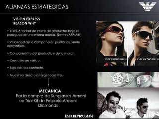 ALIANZAS ESTRATEGICAS VISION EXPRESS REASON WHY  100% Afinidad de cruce de productos bajo el paraguas de una misma marca. (Lentes ARMANI) Visibilidad de la campaña en puntos de venta alternativos. Conocimiento del producto y de la marca. Creación de tráfico. Bajo costo x contacto. Muestreo directo a target objetivo. MECANICA  Por la compra de Sunglasses Armani  un Trial Kit de Emporio Armani   Diamonds 
