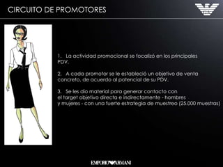CIRCUITO DE PROMOTORES La actividad promocional se focalizó en los principales  PDV.  2.  A cada promotor se le estableció un objetivo de venta concreto, de acuerdo al potencial de su PDV. 3.  Se les dio material para generar contacto con  el target objetivo directa e indirectamente - hombres  y mujeres - con una fuerte estrategia de muestreo (25.000 muestras) 