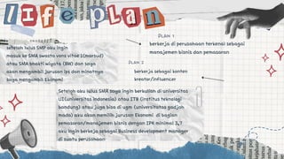 berkerja sebagai konten
kreator/influencer
PLAN 1
setelah lulus SMP aku ingin
masuk ke SMA swasta vons vitae 1(marsud)
atau SMA bhakti wiyata (BW) dan saya
akan mengambil jurusan ips dan minatnya
saya mengambil Ekonomi
Setelah aku lulus SMA saya ingin berkuliah di universitas
UI(universitas indonesia) atau ITB (institus teknologi
bandung) atau juga bisa di ugm (universitatas gadjah
mada) aku akan memilih jurusan Ekonomi di bagian
pemasaran/manajemen bisnis dengan IPK minimal 3,7
aku ingin berkeja sebagai Business development manager
di suatu perusahaan
berkerja di perusahaan terkenal sebagai
manajemen bisnis dan pemasaran
PLAN 2
 