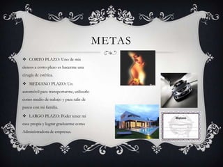 METAS
 CORTO PLAZO: Uno de mis
deseos a corto plazo es hacerme una
cirugía de estética.

 MEDIANO PLAZO: Un
automóvil para transportarme, utilizarlo
como medio de trabajo y para salir de
paseo con mi familia.

 LARGO PLAZO: Poder tener mi
casa propia y lograr graduarme como
Administradora de empresas.
 
