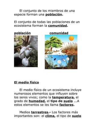 El conjunto de los miembros de una
especie forman una población.
El conjunto de todas las poblaciones de un
ecosistema forman la comunidad.
población

comunidad

El medio físico
El medio físico de un ecosistema incluye
numerosos elementos que influyen sobre
los seres vivos; como la temperatura, el
grado de humedad, el tipo de suelo ...A
estos elementos se les llama factores.
Medios terrestres.- Los factores más
importantes son: el clima, el tipo de suelo

 