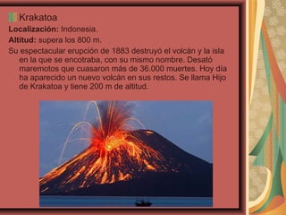 Krakatoa
Localización: Indonesia.
Altitud: supera los 800 m.
Su espectacular erupción de 1883 destruyó el volcán y la isla
en la que se encotraba, con su mismo nombre. Desató
maremotos que cuasaron más de 36.000 muertes. Hoy día
ha aparecido un nuevo volcán en sus restos. Se llama Hijo
de Krakatoa y tiene 200 m de altitud.

 