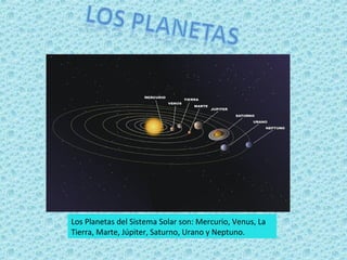 Los Planetas del Sistema Solar son: Mercurio, Venus, La
Tierra, Marte, Júpiter, Saturno, Urano y Neptuno.

 