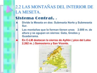 2.2 LAS MONTAÑAS DEL INTERIOR DE
LA MESETA.
Sistema Central.
▲
▲

▲

2

Divide la Meseta en dos: Submseta Norte y Submeseta
Sur.
Las montañas que lo forman tienen unos 2.000 m. de
altura y se agupan en sierras: Gata, Gredos y
Guadarrama.
En C-LM destacan la sierras de Ayllón ( pico del Lobo
2.262 m. ) Somosierra y San Vicente.

 