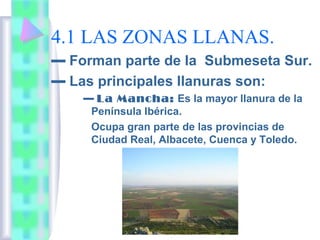 4.1 LAS ZONAS LLANAS.
▬ Forman parte de la Submeseta Sur.
▬ Las principales llanuras son:
▬ La Mancha: Es la mayor llanura de la
Península Ibérica.
Ocupa gran parte de las provincias de
Ciudad Real, Albacete, Cuenca y Toledo.

 