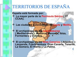 TERRITORIOS DE ESPAÑA
España está formada por:
 La mayor parte de la Península Ibérica ( 17
CCAA).
 Las ciudades autonómicas de Ceuta y Melilla.
 El archipiélago de las Islas Baleares
( Mediterráneo ): Mallorca, Menorca, Ibiza,
Formentera y Cabrera.
 El archipiélago de las Islas Canarias ( Atlántico ):
Lanzarote, Fuerteventura, Gran Canaria, Tenerife,
La Gomera, El Hierro y La Palma.

 