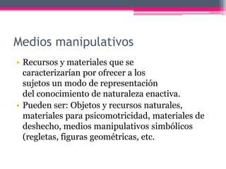 Medios manipulativos
• Recursos y materiales que se
caracterizarían por ofrecer a los
sujetos un modo de representación
del conocimiento de naturaleza enactiva.
• Pueden ser: Objetos y recursos naturales,
materiales para psicomotricidad, materiales de
deshecho, medios manipulativos simbólicos
(regletas, figuras geométricas, etc.
 