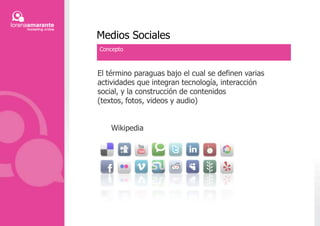 Medios SocialesConceptoEl término paraguas bajo el cual se definen varias actividades que integran tecnología, interacción social, y la construcción de contenidos (textos, fotos, videos y audio)Wikipedia