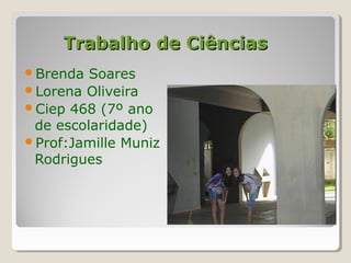 Trabalho de CiênciasTrabalho de Ciências
Brenda Soares
Lorena Oliveira
Ciep 468 (7º ano
de escolaridade)
Prof:Jamille Muniz
Rodrigues
 