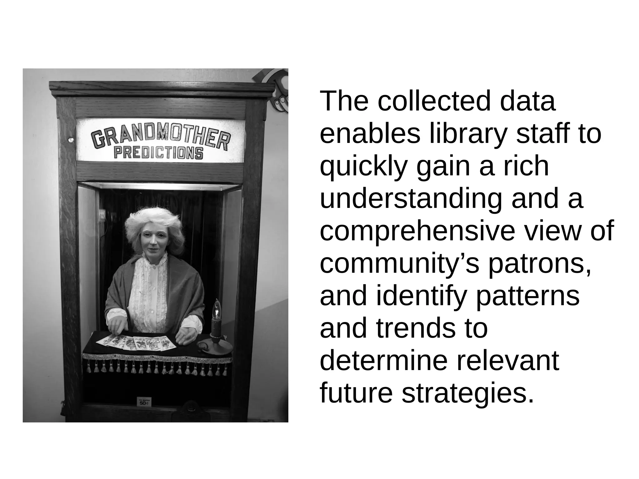 The collected data
enables library staff to
quickly gain a rich
understanding and a
comprehensive view of
community’s patrons,
and identify patterns
and trends to
determine relevant
future strategies.