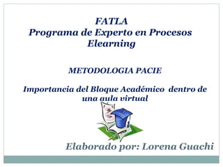 FATLA
Programa de Experto en Procesos
Elearning
METODOLOGIA PACIE
Importancia del Bloque Académico dentro de
una aula virtual
Elaborado por: Lorena Guachi
 