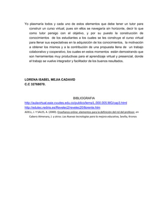 Yo plasmaría todos y cada uno de estos elementos que debe tener un tutor para
construir un curso virtual, pues sin ellos se navegaría sin horizonte, decir lo que
como tutor persigo con el objetivo, y por su puesto la construcción de
conocimientos de los estudiantes a los cuales se les construye el curso virtual
para llenar sus expectativas en la adquisición de los conocimientos, la motivación
a obtener los mismos y a la contribución de una propuesta llena de un trabajo
colaborativo y cooperativo, los cuales en estos momentos están demostrando que
son herramientas muy productivas para el aprendizaje virtual y presencial, donde
el trabajo se vuelve integrador y facilitador de los buenos resultados.

LORENA ISABEL MEJIA CADAVID
C.C 32768070.

BIBLIOGRAFIA
http://aulavirtual.eaie.cvudes.edu.co/publico/lems/L.000.005.MG/cap3.html
http://edutec.rediris.es/Revelec2/revelec20/llorente.htm
ADELL, J. Y SALES, A. (2000). Enseñanza online: elementos para la definición del rol del profesor, en
Cabero Almenara, J. y otros: Las Nuevas tecnologías para la mejora educativa, Sevilla, Kronos

 