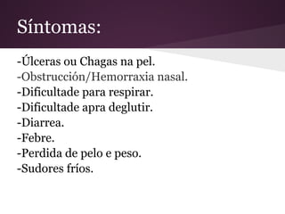 Síntomas:
-Úlceras ou Chagas na pel.
-Obstrucción/Hemorraxia nasal.
-Dificultade para respirar.
-Dificultade apra deglutir.
-Diarrea.
-Febre.
-Perdida de pelo e peso.
-Sudores fríos.
 