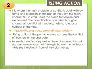 RISING ACTION
 It is where the main problem or conflict is dealt with by
some kind of action. In this part of the story, the main
character is in crisis. This is the place for tension and
excitement. The complication can arise through a
character's conflict with society, nature, fate, or a
number of themes.
 https://wikis.engrade.com/plottingashortstory
 Rising action is the part where we can see the conflict
of the story or the character.
 Loreen has studied very well for the oral examination but
she was very nervous that she might have a mental block
while she is reciting in front of their classmates.
2
 