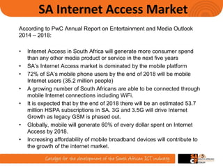 SA Internet Access Market
According to PwC Annual Report on Entertainment and Media Outlook
2014 – 2018:
• Internet Access in South Africa will generate more consumer spend
than any other media product or service in the next five years
• SA’s Internet Access market is dominated by the mobile platform
• 72% of SA’s mobile phone users by the end of 2018 will be mobile
Internet users (35.2 million people)
• A growing number of South Africans are able to be connected through
mobile Internet connections including WiFi.
• It is expected that by the end of 2018 there will be an estimated 53.7
million HSPA subscriptions in SA. 3G and 3.5G will drive Internet
Growth as legacy GSM is phased out.
• Globally, mobile will generate 60% of every dollar spent on Internet
Access by 2018.
• Increasing affordability of mobile broadband devices will contribute to
the growth of the internet market.
5
 