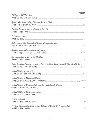 Page(s)
Phillips v. LCI Intl. Inc.,
190 F.3d 609 (4th Cir. 1999) ................................................................................... 30

Quince Orchard Valley Citizens Assn. v. Hodel,
872 F. 2d 75 (4th Cir. 1989) .................................................................................... 51

Radiant Burners, Inc. v. People’’s Gas Co.,
340 U.S. 656 (1961) ................................................................................................ 33

Reizakis v. Loy,
490 F.12 1132 .......................................................................................................... 45

Robertson v. Sea Pines Real Estate Companies, Inc.,
Nos. 11-1538 et al. (4th Cir. 2011) .......................................................................... 24

Southeastern Milk Antitrust Litigation,
555 F. Supp. 2d 934 (E.D. Tenn. 2008) ............................................................. 21-22

Spectrum Sports, Inc. v. McQuillan,
506 U.S. 447 (1993) ................................................................................................. 34

Total Benefits Planning Agency, Inc. v. Anthem Blue Cross & Blue Shield, Inc.,
552 F.3d 430 (6th Cir. 2008) ............................................................................. 24-25

United States v. Abu Ali,
528 F.3d 210 261 (4th Cir. 2008) ............................................................................ 47

United States v. Microsoft Corp.,
253 F.3d 34 (D.C. Cir. 2001) (en banc) ....................................................... 37, 39-40

United States v. United Med. and Surgical Supply Corp.,
989 F.2d 1390 (4th Cir. 1993) ................................................................................. 51

United States v. Visa U.S.A., Inc.,
344 F.3d 229 (2d Cir. 2003)..................................................................................... 37

Venen v. Sweet,
758 F.2d 117 (3d Cir. 1985); .................................................................................. 50

Verizon Communications v. Law Offices of Curtis V. Trinko, LLP,
540 U.S. 398 (2004) ................................................................................................. 39



                                                            vi
 