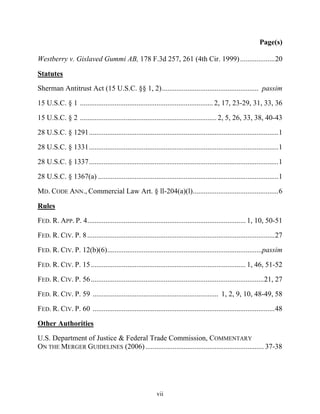 Page(s)

Westberry v. Gislaved Gummi AB, 178 F.3d 257, 261 (4th Cir. 1999) ................... 20

Statutes
Sherman Antitrust Act (15 U.S.C. §§ 1, 2) ..................................................... passim

15 U.S.C. § 1 ......................................................................... 2, 17, 23-29, 31, 33, 36

15 U.S.C. § 2 ........................................................................... 2, 5, 26, 33, 38, 40-43

28 U.S.C. § 1291 ........................................................................................................ 1

28 U.S.C. § 1331 ........................................................................................................ 1

28 U.S.C. § 1337 ........................................................................................................ 1

28 U.S.C. § 1367(a) ................................................................................................... 1

MD. CODE ANN., Commercial Law Art. § ll-204(a)(l)............................................... 6

Rules
FED. R. APP. P. 4....................................................................................... 1, 10, 50-51

FED. R. CIV. P. 8 ....................................................................................................... 27

FED. R. CIV. P. 12(b)(6).....................................................................................passim

FED. R. CIV. P. 15 ..................................................................................... 1, 46, 51-52

FED. R. CIV. P. 56 ...............................................................................................21, 27

FED. R. CIV. P. 59 ..................................................................... 1, 2, 9, 10, 48-49, 58

FED. R. CIV. P. 60 .................................................................................................... 48

Other Authorities
U.S. Department of Justice & Federal Trade Commission, COMMENTARY
ON THE MERGER GUIDELINES (2006) ................................................................. 37-38




                                                            vii
 