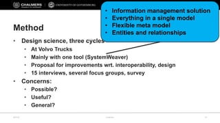 9/21/18 Chalmers 10
• Design science, three cycles
• At Volvo Trucks
• Mainly with one tool (SystemWeaver)
• Proposal for ...