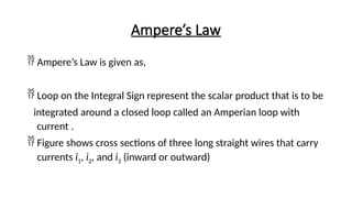 Ampere’s Law
 Ampere’s Law is given as,
 Loop on the Integral Sign represent the scalar product that is to be
integrated around a closed loop called an Amperian loop with
current .
 Figure shows cross sections of three long straight wires that carry
currents i1, i2, and i3 (inward or outward)
 