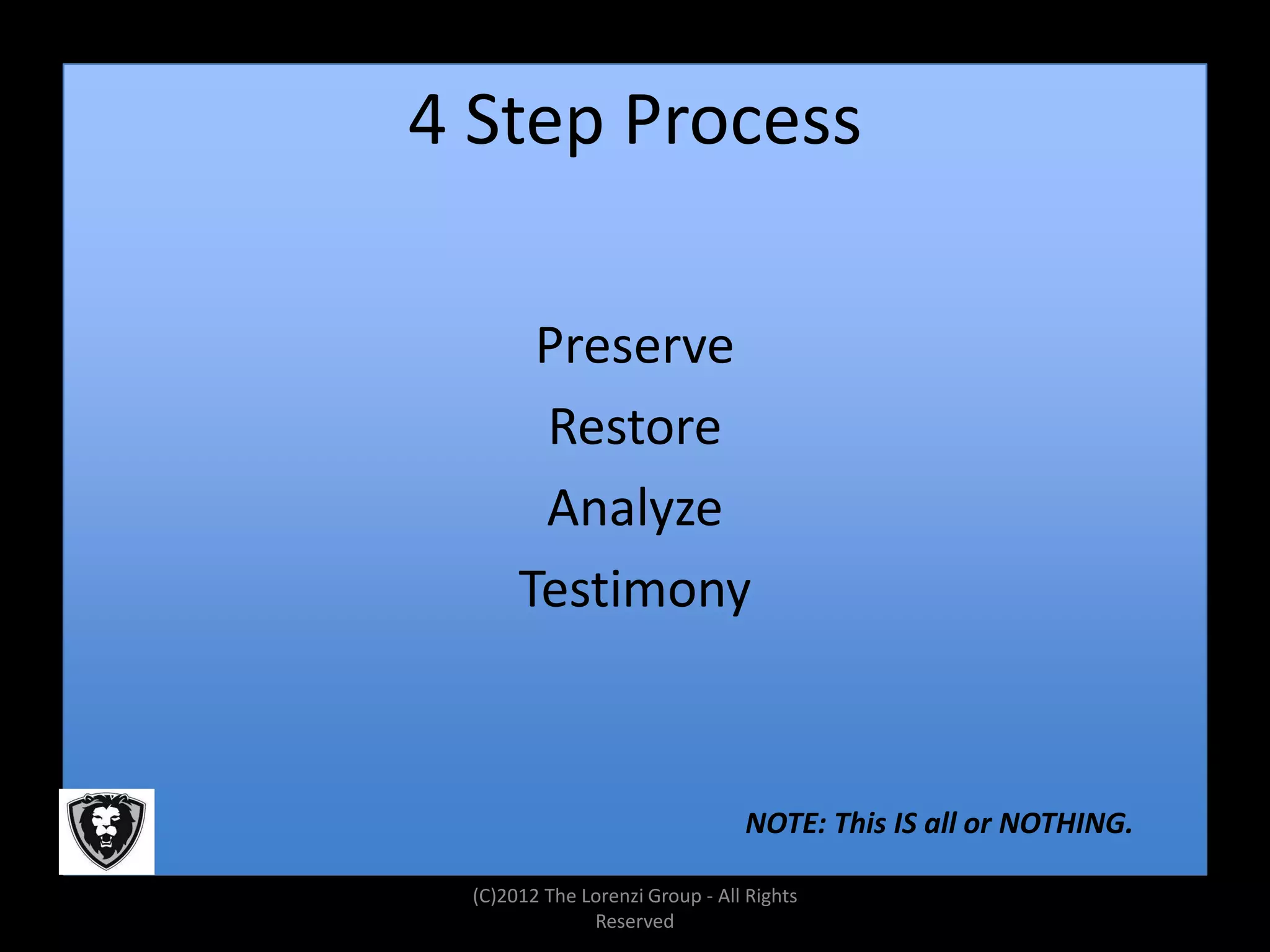 4 Step Process

       Preserve
       Restore
       Analyze
      Testimony



                                NOTE: This IS all or NOTHING.

 (C)2012 The Lorenzi Group - All Rights
              Reserved
 