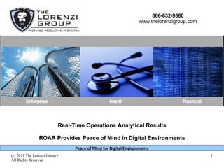 866-632-9880
                                                                  www.thelorenzigroup.com


                                                      Prepared. Productive. Protected.




                           Real-Time Operations Analytical Results

                ROAR Provides Peace of Mind in Digital Environments
                                 Peace of Mind for Digital Environments
(c) 2011 The Lorenzi Group -                                                                1
All Rights Reserved
 