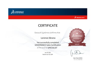 Jan 20, 2022
Valid till Jan 20, 2024
CERTIFICATE
SPECIALIST
has successfully completed
GOVERNANCE Sales Certification
Lorenzo Sbrana
 