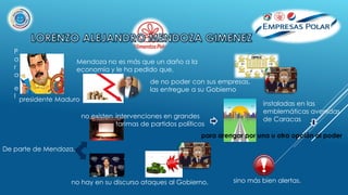 sino más bien alertas.
presidente Maduro
P
a
r
a
e
l
de no poder con sus empresas,
las entregue a su Gobierno
Mendoza no es más que un daño a la
economía y le ha pedido que,
De parte de Mendoza,
no existen
instaladas en las
emblemáticas avenidas
de Caracasintervenciones en grandes
tarimas de partidos políticos
para arengar por una u otra opción al poder
no hay en su discurso ataques al Gobierno,
 