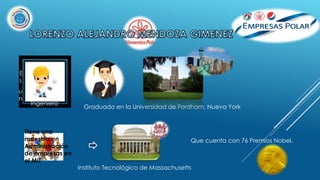 E
s
Ingeniero
u
n
Graduado en la Universidad de Fordham, Nueva York
Tiene una
maestría en
Administración
de empresas en
el MIT
Instituto Tecnológico de Massachusetts
Que cuenta con 76 Premios Nobel.
 