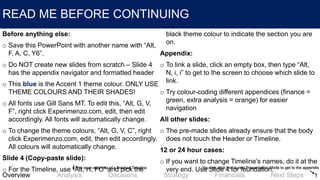 READ ME BEFORE CONTINUING
Before anything else:
o Save this PowerPoint with another name with “Alt,
F, A, C, Y6”.
o Do NOT create new slides from scratch – Slide 4
has the appendix navigator and formatted header
o This blue is the Accent 1 theme colour. ONLY USE
THEME COLOURS AND THEIR SHADES!
o All fonts use Gill Sans MT. To edit this, “Alt, G, V,
F”, right click Experimenzo.com, edit, then edit
accordingly. All fonts will automatically change.
o To change the theme colours, “Alt, G, V, C”, right
click Experimenzo.com, edit, then edit accordingly.
All colours will automatically change.
Slide 4 (Copy-paste slide):
o For the Timeline, use “Alt, H, FC” and pick the
black theme colour to indicate the section you are
on.
Appendix:
o To link a slide, click an empty box, then type “Alt,
N, i, i” to get to the screen to choose which slide to
link.
o Try colour-coding different appendices (finance =
green, extra analysis = orange) for easier
navigation
All other slides:
o The pre-made slides already ensure that the body
does not touch the Header or Timeline.
12 or 24 hour cases:
o If you want to change Timeline’s names, do it at the
very end. Use Slide 4 for foundation.
1FinancialsStrategyDecisionsAnalysisOverview Next Steps
You can click this during Presentation Mode to get to the appendixThis is an example of a finished Timeline
 