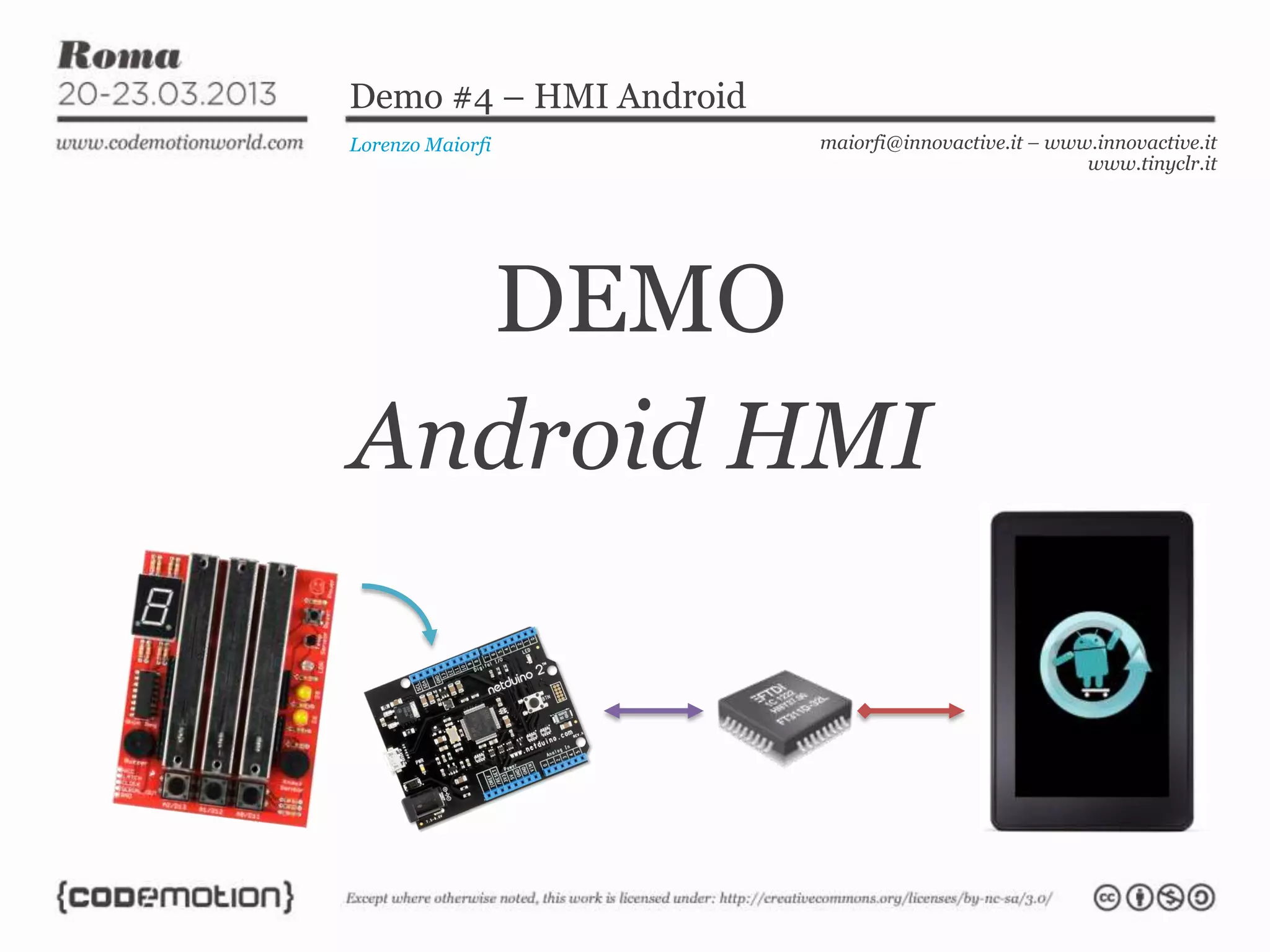 Demo #4 – HMI Android
Lorenzo Maiorfi maiorfi@innovactive.it – www.innovactive.it
www.tinyclr.it
DEMO
Android HMI
 