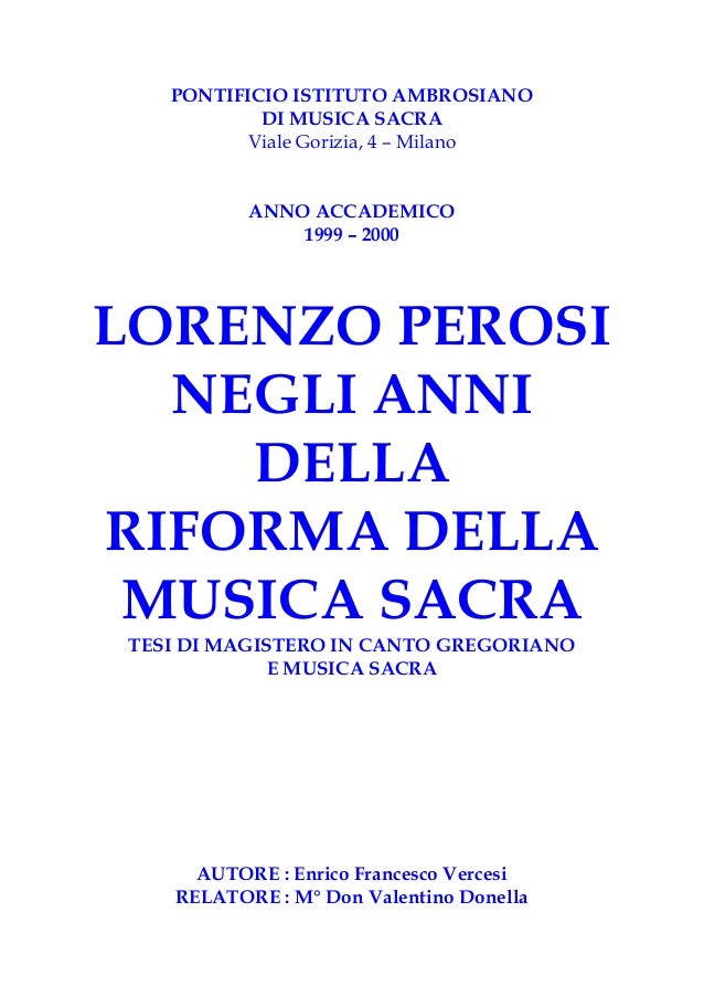 Lorenzo Perosi E Gli Anni Della Riforma Della Musica Sacra