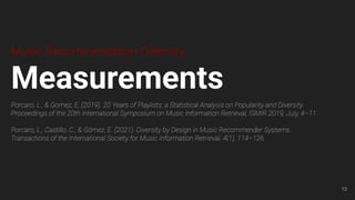 Music Recommendation Diversity
Measurements
Porcaro, L., & Gomez, E. (2019). 20 Years of Playlists: a Statistical Analysis...