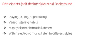 Participants (self-declared) Musical Background
❖ Playing, DJ-ing, or producing
❖ Varied listening habits
❖ Mostly electro...