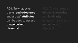 RQ1. To what extent
tracks’ audio-features
and artists’ attributes
can be used to assess
the perceived
diversity?
RQ2. To ...