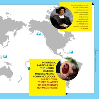 Source: business.time.com
INDONESIATHEUNTOLDSTORIES
16
INDONESIA,
PARTICULARLY
THE NORTH
CELEBES,
MOLUCCAS AND
NORTH MOLUCCAS
SUPPLY OVER
THREE QUARTER
OF THE WORLD’S
NUTMEGS NEEDS.
Columbus believed he had
reached the East Indies
(now Indonesia and
beyond or Nusantara)
which was his
predetermined
destination. He
called the islanders
as INDIOS which
was later more popular
as INDIAN.
 