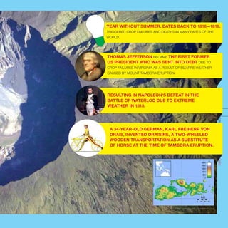 Sources : nationalgeographic.co.id; Fresh Water Ecology
INDONESIATHEUNTOLDSTORIES
18
YEAR WITHOUT SUMMER, DATES BACK TO 1816—1818,
TRIGGERED CROP FAILURES AND DEATHS IN MANY PARTS OF THE
WORLD.
THOMAS JEFFERSON BECAME THE FIRST FORMER
US PRESIDENT WHO WAS SENT INTO DEBT DUE TO
CROP FAILURES IN VIRGINIA AS A RESULT OF BIZARRE WEATHER
CAUSED BY MOUNT TAMBORA ERUPTION.
RESULTING IN NAPOLEON’S DEFEAT IN THE
BATTLE OF WATERLOO DUE TO EXTREME
WEATHER IN 1815.
A 34-YEAR-OLD GERMAN, KARL FREIHERR VON
DRAIS, INVENTED DRAISINE, A TWO-WHEELED
WOODEN TRANSPORTATION AS A SUBSTITUTE
OF HORSE AT THE TIME OF TAMBORA ERUPTION.
 